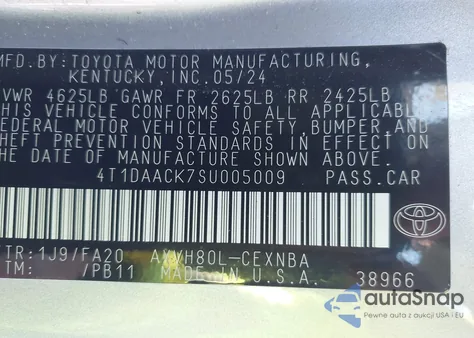 2025 Toyota Camry Le из США, поврежденный, VIN 4T1DAACK7SU005009